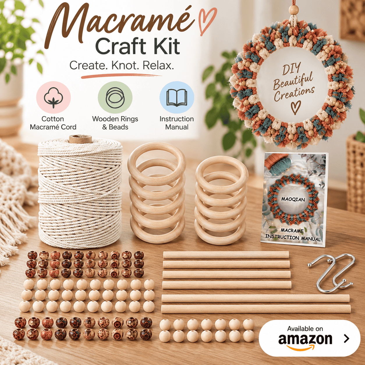 120pcs Macrame Kits for Beginners 3mm x 220yards Natural Cotton Macrame Cord Wall Hanging Kit