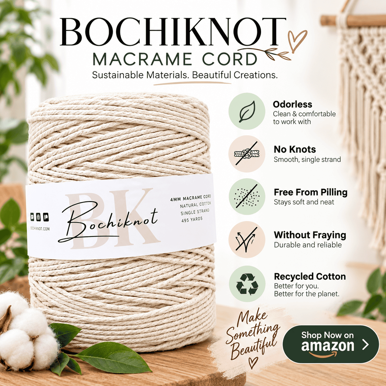 BOCHIKNOT 4mm Macrame Cord, 495 Yards, Single Strand Cotton (Natural)