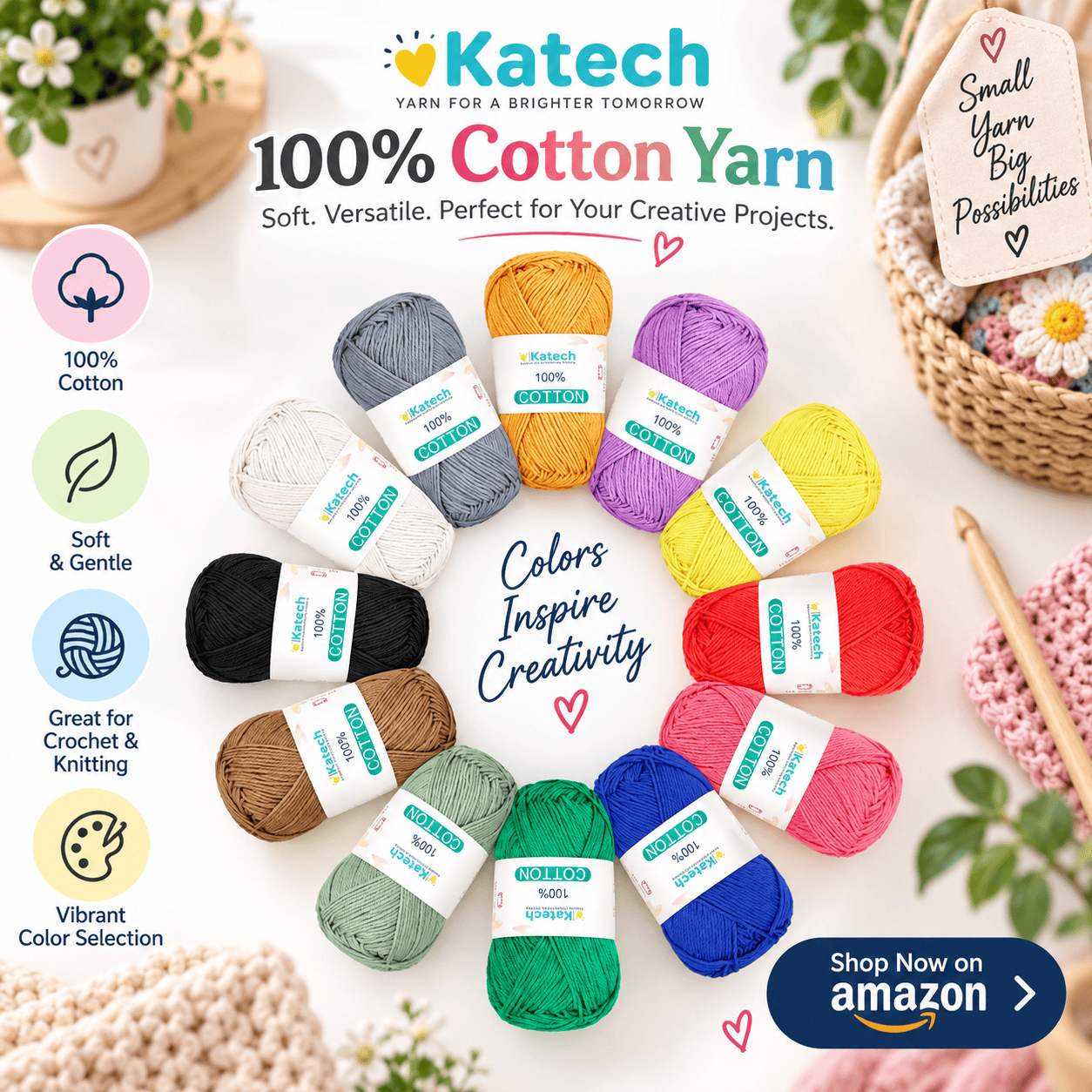 Katech 1OO% Cotton Yarn for Crocheting & Knitting–Baby Cotton Yarn (C)