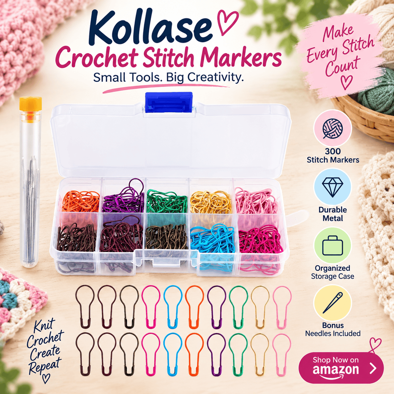 Kollase Crochet Markers, 300pcs Metal Stitch Markers for Knitting & Crocheting, Safety Pins for Fabric & Paper