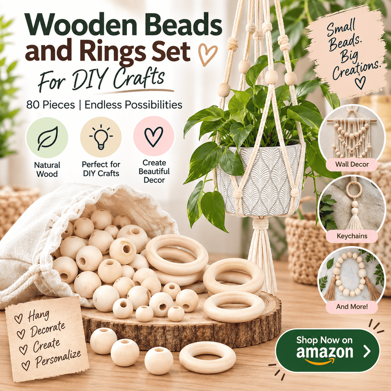 Wooden Beads and Rings Set for DIY Crafts, 80 Pieces1