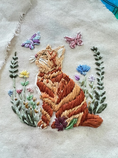 Cat Embroidery with flowers