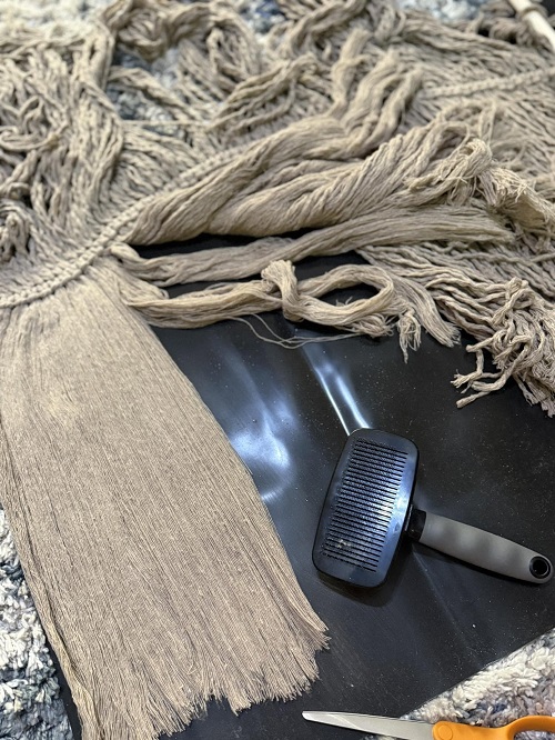 macrame cord project cleaning with brush